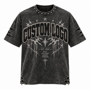 T-shirt en denim surdimensionné avec logo personnalisé, style punk, imprimé floqué déchiré, manches courtes, col rond, streetwear pour hommes - Product Image 4