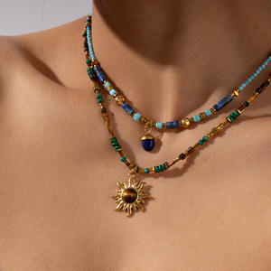 قلادة على الطراز الأوروبي من حجر اللازورد وعين النمر على شكل عباد الشمس، قلادة يدوية الصنع من الخرز، مجوهرات فاخرة متعددة الطبقات بأسلوب بوهيمي - Product Image 2
