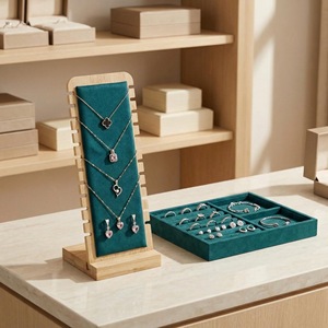 Jingheju Bamboo Jewelry Display Rack Necklace Stand With Velvet Pad For Countertop Bracelet Pendant Storage Organizing Tray - Product Image 1