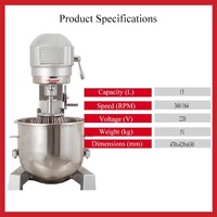 Mélangeur planétaire robuste 15L 500W en acier inoxydable avec protection contre les surcharges et 3 accessoires pour pétrir la pâte et mélanger la crème