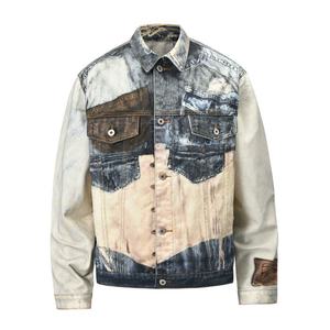 Chaqueta Bomber de Mezclilla Estampada para Hombre de Diseño Nuevo y Alta Gama, Transpirable, con Lavado Vintage, Color Combinado, Detalle de Cordón en la Espalda, Premium - Product Image 1