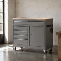 Armoire à outils roulante robuste avec multiprise intégrée, plateau en bois, chariot de rangement en acier gris pour garage et atelier