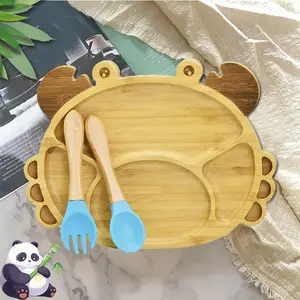 100% Eco-Friendly Biodegradable Bamboo Baby Weaning Feeding Crab Shape Plate Strong Suction Kids Wooden Plates