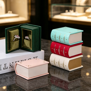 Vintage Book Shaped Velvet Jewelry <b>Box</b> <b>Gold</b> Star Faux Leather Ring Storage Case for Proposal Wedding Engagement <b>Gift</b> - Product Image 6