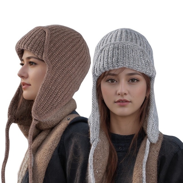 New Fashion Winter Knitted Trapper Hat for Women and Men Plaid Russian Bomber Beanie with Earflap Crochet Bonnet