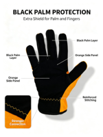 Gants de travail antidérapants en tissu orange avec paume et dos protecteurs pour le jardinage, la construction et l'industrie