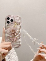 Coque de téléphone INS Golden Rose Butterfly avec chaîne pour iPhone 16 17 Pro Max 14, motif crème, coque arrière Funda