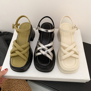 Women's Green Woven Lace-<b>Up</b> Ankle Strap Sandals Square <b>Open</b> Toe Thick Heel Breathable Anti-Slip Summer Fashionable Outdoor Shoes - Product Image 2