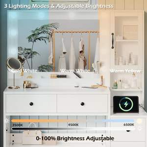 Coiffeuse blanche style ferme <span class=keywords><strong>avec</strong></span> 5 tiroirs, station de charge, miroir éclairé, étagère de rangement, en bois, pour maquillage et habillage - Product Image 3