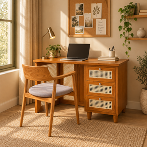 Modern Wood <b>Desk</b> with Woven Rattan <b>Drawers</b> and Armchair Scandinavian Home Office Furniture Set From Indonesia - Product Image 1
