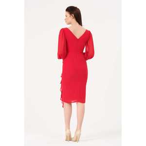 1618 Vestido de noche con cuello en V, de gasa, con lazo y cintura natural, color rojo - Product Image 2