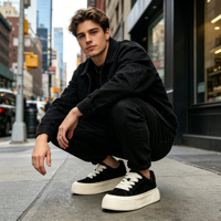 Baskets montantes décontractées pour hommes en cuir véritable à semelle épaisse, confortables, noires, style rétro streetwear, avec plateforme rehaussante