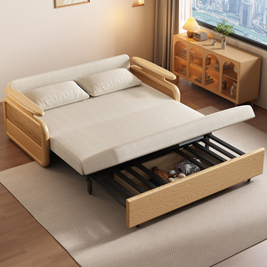 Natural <b>Wood</b> <b>Sofa</b> Bed Solid Color Cotton Linen <b>Frame</b> Structure Foldable Extendable Pull Out For Small Apartments Living Room - Product Image 4