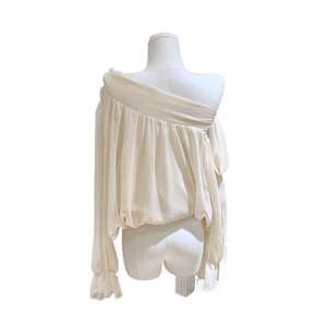 Chemisier coréen asymétrique pour femme en mousseline de soie à manches ballon transparentes, motif à motifs, nouvelle collection automne 2025, haut décontracté pour tous les jours - Product Image 2