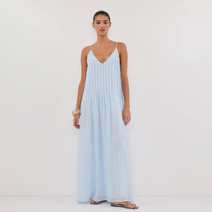 Robe midi en ramie pour femme, style vacances à la française, robe de soirée unie, chic décontracté, bleu clair - Product Image 1