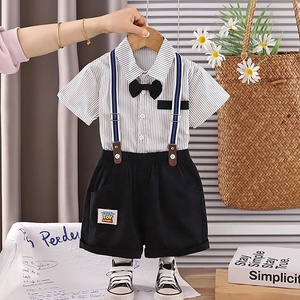 Ensemble de vêtements pour garçons en bas âge, chemise rayée à manches courtes, nœud papillon, short à bretelles, <span class=keywords><strong>tenue</strong></span> formelle d'été - Product Image 3