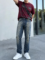 Nouveau Jean en Denim à Carreaux Damier pour Homme 2026 – Coupe Droite, Style Streetwear Hip Hop Vintage Délavé