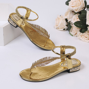 Nuevas <span class=keywords><strong>Sandalias</strong></span> de Verano para <span class=keywords><strong>Mujer</strong></span> al por Mayor, <span class=keywords><strong>Sandalias</strong></span> de Vestir de Alta Calidad con Pedrería, Color Dorado - Product Image 5