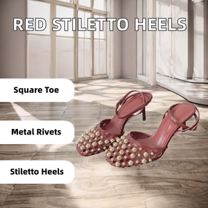 2025 New Spring Formal Fashion Trend Square <b>Toe</b> Metal Rivet <b>Closed</b> <b>Toe</b> Slingback <b>Sandals</b> Red French Stiletto High Heels Shoes - Product Image 1