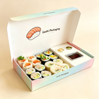 Boîtes à lunch en papier écologiques en gros pour pâtisseries, boulangeries, crêpes, sushis, gaufres, sauces chocolatées, avec insert et pelliculage mat