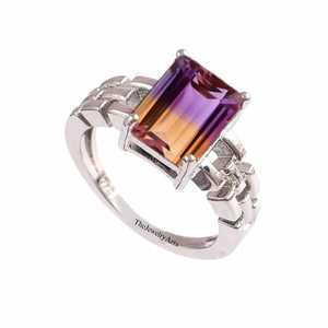 Bague de fiançailles en améthrine, coupe émeraude, améthrine bicolore, bague solitaire en argent sterling 925, pierre de naissance de février, cadeau de bijoux - Product Image 1