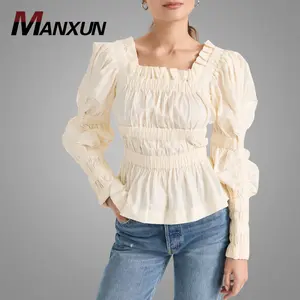 Wholesale Allover Ruching Ruffled Ladies Blouses Square Collar Blouses Elegant Women Elastic At Bodice Blouse Women Shirts