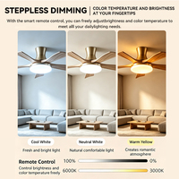 Kipas Angin Plafon 54 Inci Smart Wood 5-Bilah Warna Champagne Gold Model Jam Pasir dengan Lampu LED DC 6-Kecepatan 3000-6000K Peredupan ODM