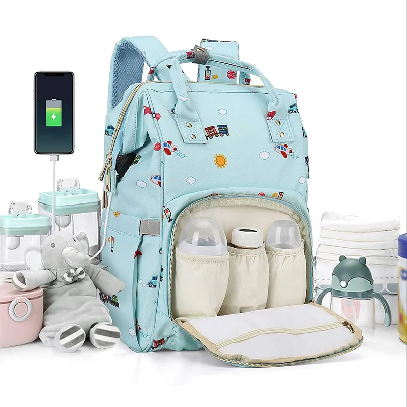 Cute Mult Diaper Nappy Bag Travel Back Pack Waterproof Maternity Changing Bag Baby Stuff with USB Charging Port Stroller Straps