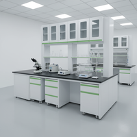 Meubles de laboratoire clés en main pour écoles : Banc de travail central en C, hotte à fumées en bois et acier, compatible avec une disposition personnalisée