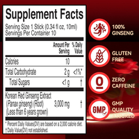 Extrait de Ginseng Rouge Coréen 3000mg Liquide Oral Sans Sucre Complément Énergétique pour Adultes 10ml par Portion 30 Servings