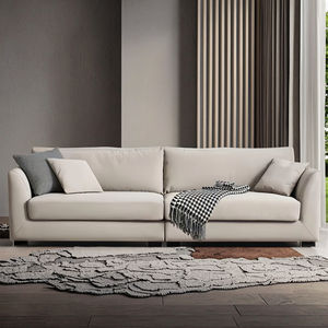 Canapé modulaire sectionnel en forme de L, capitonné, pour hôtel, appartement moderne ou villa, avec tissu en lin blanc, beige crème et pieds en bois - Product Image 6