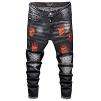Brand Casual Straight Jeans Herren-Druck hose, Totenschädel-Stick jeans Trendy Slim Stretch hose, Trendy Streetwear Slim Pants