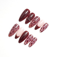 24 faux ongles à presser, forme amande, bordeaux, imprimé léopard, French manucure, motif ligne argentée, vente en gros, dropshipping