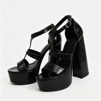 Sandales à plateforme noires tendance pour femme, style croco, talon bloc épais, motif serpent gaufré, bride en T, boucle de cheville, pour soirée, vente en gros