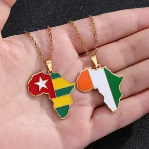 Stainless Steel 18K Gold Plated Enamel Africa South Africa Algeria Egypt Zimbabwe Cameroon Libya Kenya Flag Map Pendant Necklace