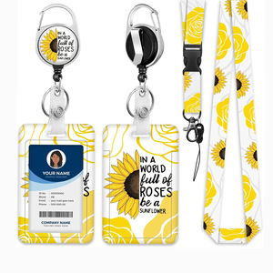 In stock: Yellow sunflower-patterned English easy-pull <b>buckle</b> badge roll, polyester lanyard, detachable double-sided UV - Product Image 1