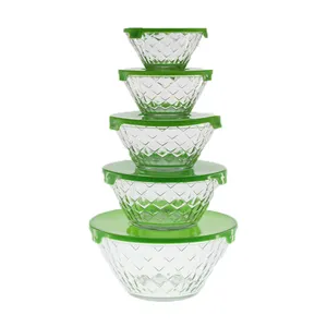 Hot sale glass crystal decorative 5pcs set of fruit salad glass bowl with plastic lids