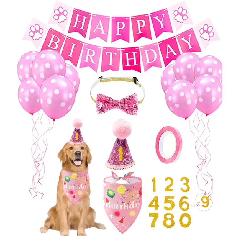 YOELLEN wholesale hot selling pink blue girl boy dog cat pet party accessories happy birthday hat triangle bandana bowtie set