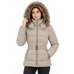 Parka matelassée élégante pour femme avec capuche en fourrure amovible, ceinture et fermeture éclair – Vêtement d'extérieur hiver - Product Image 1