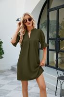 Robe décontractée mi-taille coupe trapèze pour femme, couleur unie, col en V, ample, plissée, manches cinq-quarts, en tricot – Grande Vente Été