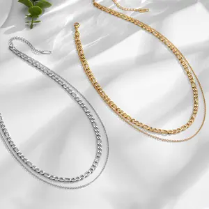 Waterproof 18K Gold Silver Plated Titanium Steel Chain Choker Necklaces Double Layers Link Chain Necklaces