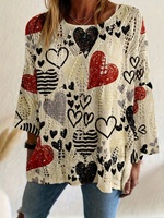 Pull ample à manches longues pour femme, motif cœur imprimé noir et rouge, ajouré, décontracté, protection solaire printemps, 100 % polyester