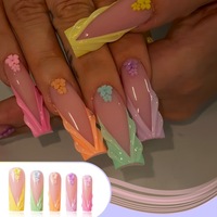 Uñas Postizas Económicas al por Mayor, Cuadradas, Doradas, con Diseño 3D en Relieve de Flores y Pequeños Diamantes, Semielaboradas a Máquina