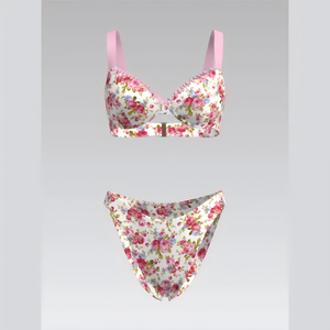 Trendy High-Impact Summer Beach Floral Patchwork Plaid Underwire High-Waisted Thong <b>Bikini</b> Set for Wholesale Custom Swimwear - Product Image 1