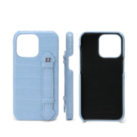 Étui pour iPhone en cuir PU bleu clair effet crocodile, portable, avec dragonne, antichoc, pour hommes et femmes, personnalisable avec logo, idéal comme cadeau d'affaires