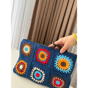 Handmade Custom Navy Blue Crochet Granny <b>Square</b> Clutch Bag Handmade Floral Knit Cosmetic Bag with Zipper Pouch NF - Product Image 1