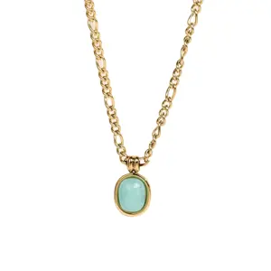 Fashionable Trendy Natural Green Amazonit Gemstone Pendant 18K Gold Plated Stainless Steel Necklace Wholesale For Women
