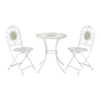 Ensemble bistrot pliant 3 pièces en fer mosaïque blanc traditionnel, chaise et table de jardin pour usage extérieur et intérieur
