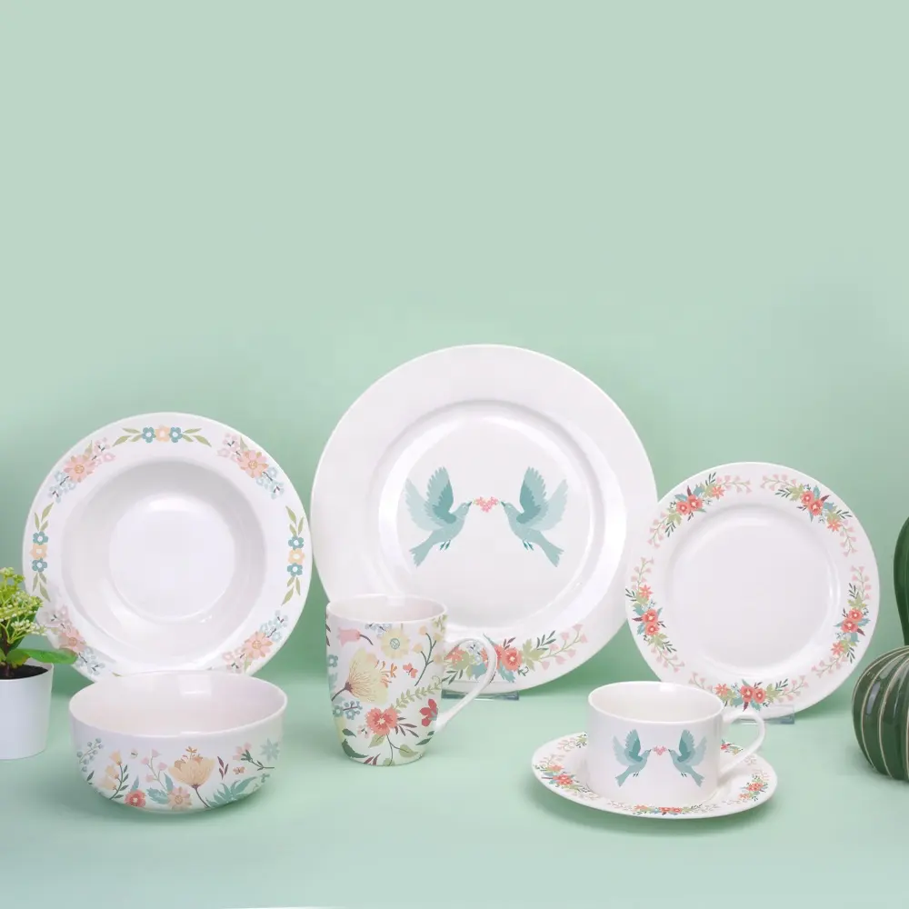 Factory direct stunning gift bone china dinnerware 5pcs cute couple bird flower crockery dinner sets flat plate bowl cup saucer