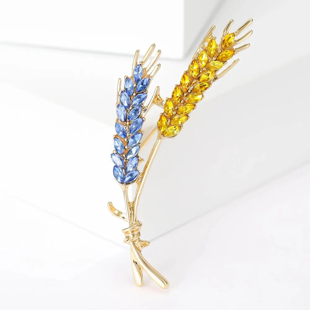 Fashion Women's Rhinestone Ear of Wheat Brooches Blue and Yellow Plant Brooch Pins Wedding Party Clothing Jewelry Accessories